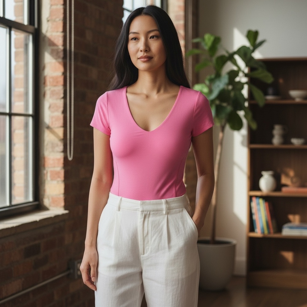 New! Scoop Neck Short Sleeve Pink Bodysuit